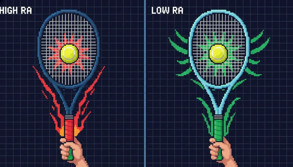 공 임팩트 순간 휘어짐이 적은 고강성 라켓의 충격 전달과 휘어짐이 많은 저강성 라켓의 충격 흡수 원리를 비교한 과학적 도해