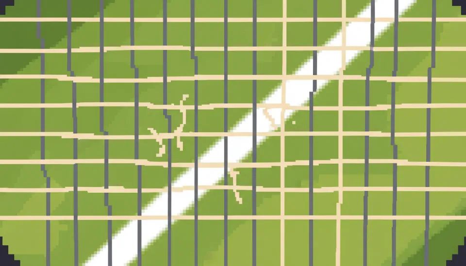 충격 흡수를 위해 폴리 스트링과 멀티필라멘트 스트링을 섞어서 수리한 하이브리드 테니스 라켓 스트링 베드 근접 촬영