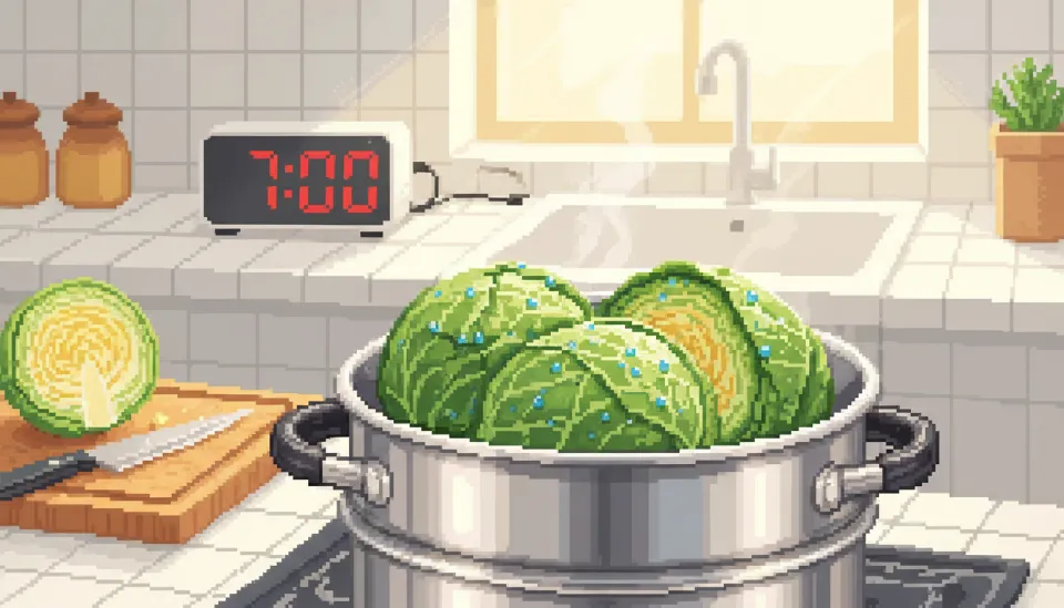 스테인리스 찜기 안에 가지런히 놓인 세척된 양배추 잎과 조리 시간을 맞춘 타이머