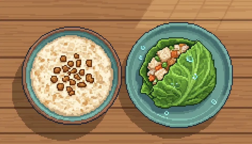 으깬 두부와 저염 된장으로 만든 크리미한 질감의 특제 소스와 호두 토핑이 담긴 도자기 그릇