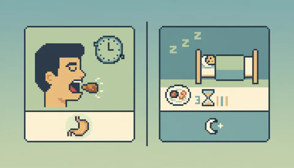 음식을 30번 씹는 모습과 식사 후 3시간 공복 유지를 강조하는 건강한 식습관 인포그래픽