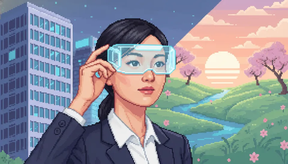 직장인 여성이 회사 업무를 위해 비즈니스 페르소나 마스크를 쓰고 있는 모습, INFP 사회초년생의 자아 분리 개념을 시각화한 일러스트