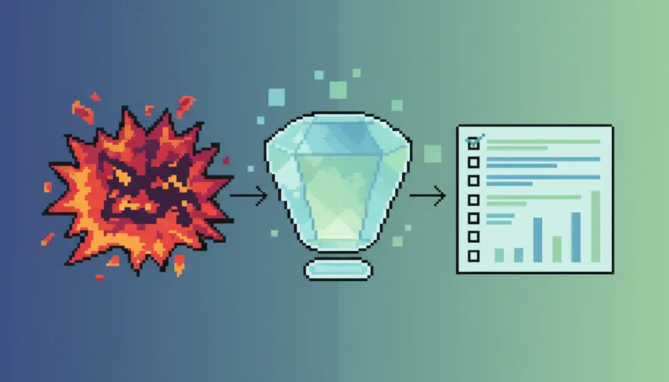 상사의 감정적인 비난이 필터를 거쳐 논리적인 데이터와 체크리스트로 변환되는 과정을 묘사한 인포그래픽, 직장 내 피드백 수용 방법