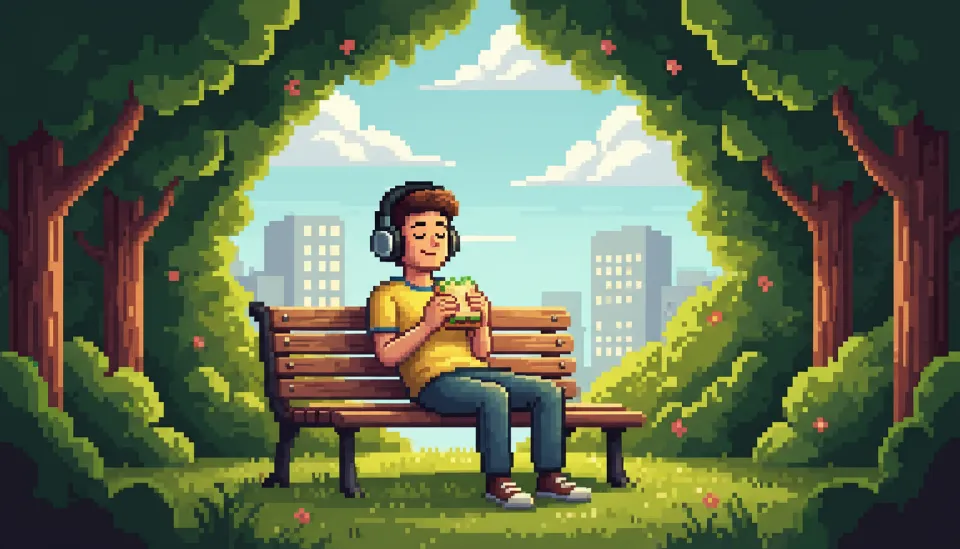 점심시간에 혼자 이어폰을 끼고 공원 벤치에서 휴식을 취하며 에너지를 충전하는 직장인, INFP의 휴식 루틴