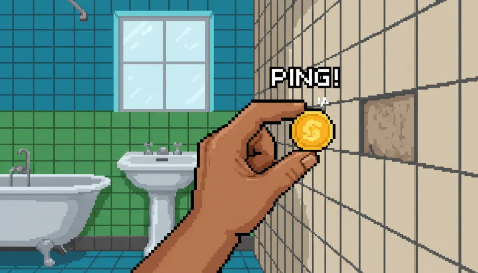 구축 아파트 욕실 벽면 타일을 동전으로 두드리며 타일 들뜸 현상을 자가 진단하는 손 동작 클로즈업