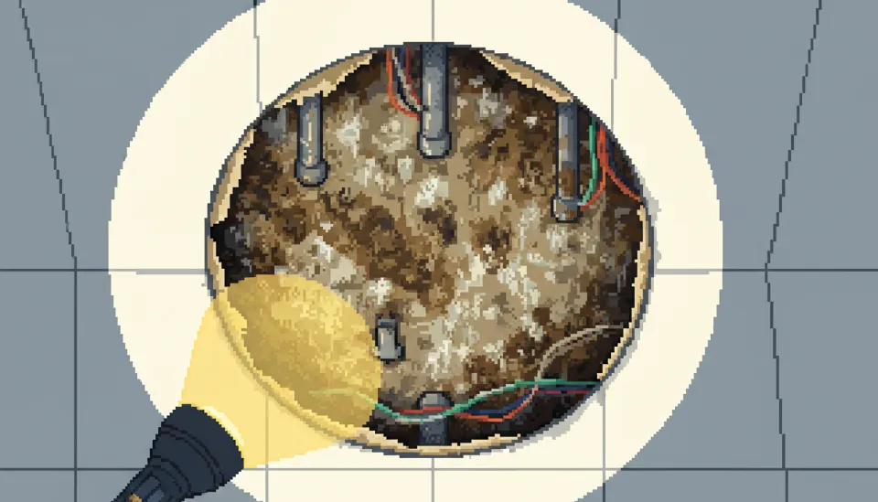 욕실 천장 점검구를 열어 손전등으로 비췄을 때 보이는 콘크리트 누수 흔적과 백화 현상