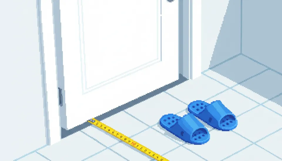 욕실 문 하단과 바닥 타일 사이의 간격을 줄자로 측정하며 덧방 시공 가능 여부를 확인하는 모습