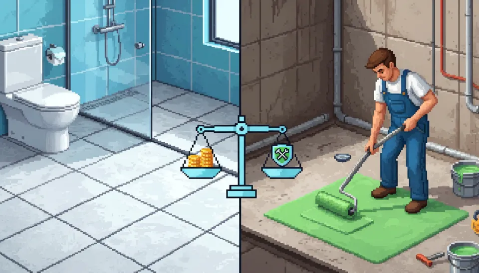 깔끔하게 마감된 타일 덧방 욕실과 철거 후 초록색 방수 페인트가 칠해진 바닥 공사 현장의 비교 이미지