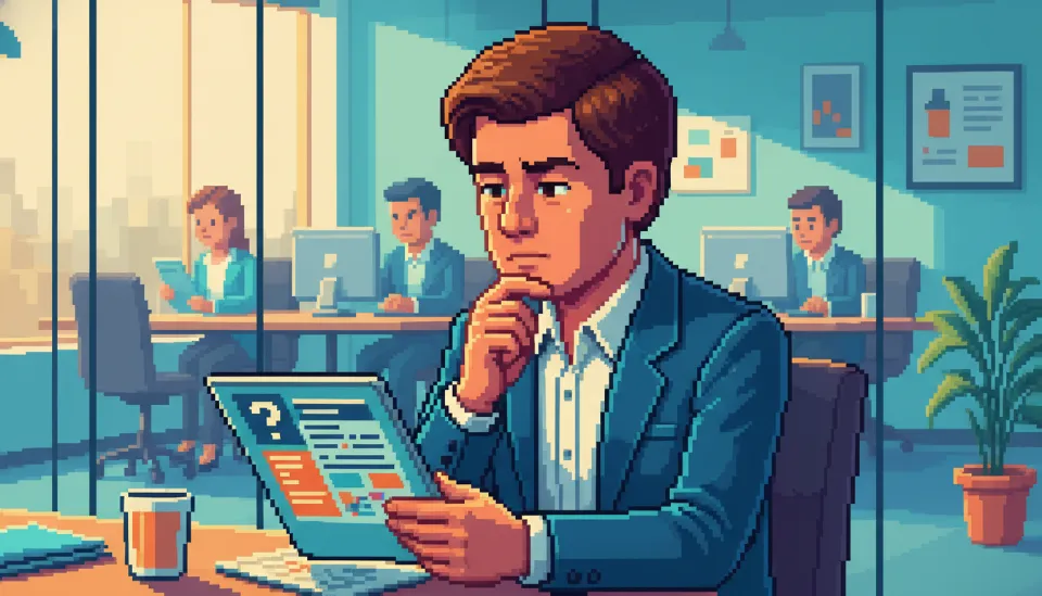 사내 공모 지원서를 신중하게 검토하고 있는 채용 담당자의 모습, 사무실 배경의 전문적인 분위기