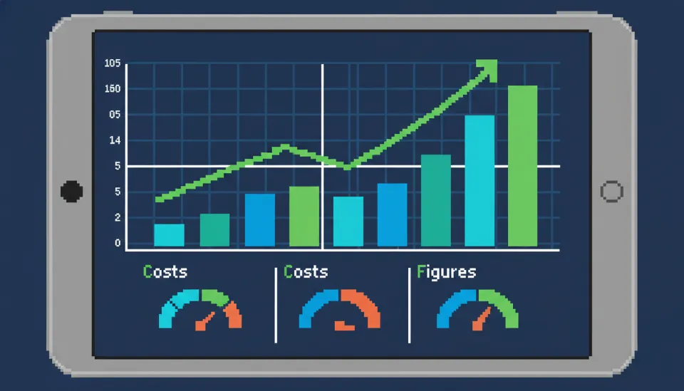 상승하는 성과 그래프와 데이터 분석 대시보드가 표시된 태블릿 화면, 업무 효율성 증대를 시각화한 이미지
