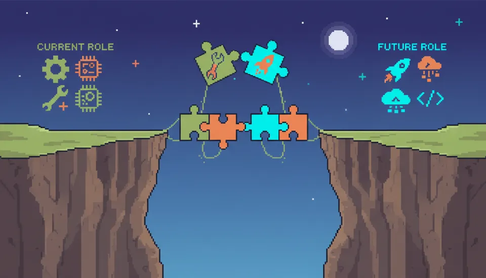 두 개의 서로 다른 절벽을 연결하는 다리와 퍼즐 조각이 합쳐지는 형상, 직무 간 스킬 연결과 경력 전환을 상징하는 이미지