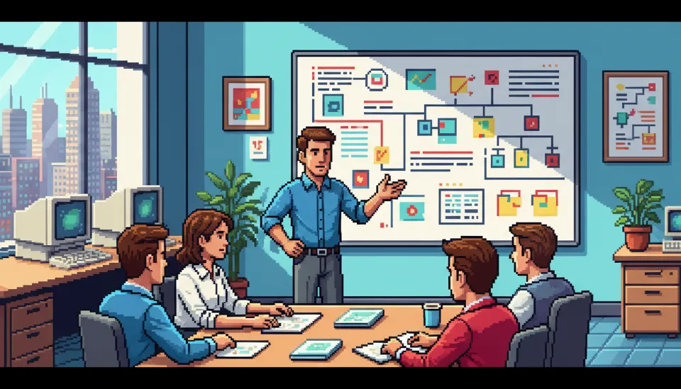 화이트보드 앞에서 복잡한 문제를 해결하기 위해 팀원들과 열정적으로 회의를 주도하는 직장인의 모습