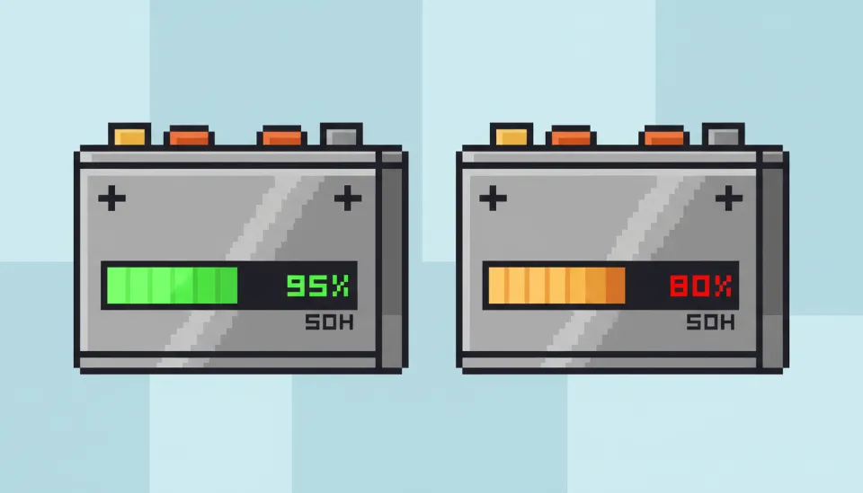 전기차 배터리 팩 내부 구조와 함께 건강 상태(SOH)가 95%인 경우와 80%인 경우를 비교하여 보여주는 3D 인포그래픽 이미지