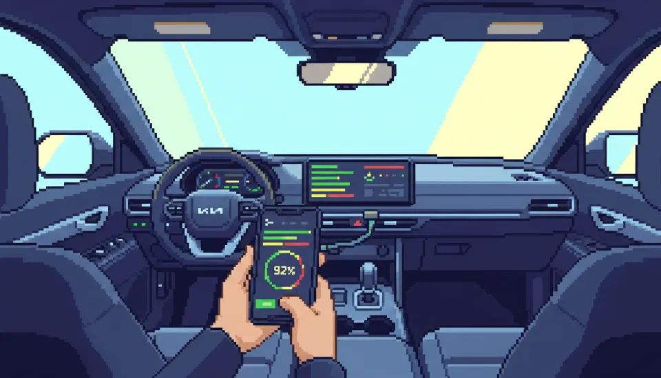 기아 EV9 운전석에서 스마트폰 앱을 통해 차량의 OBD2 스캐너와 연동된 배터리 전압 그래프와 SOH 수치를 확인하고 있는 모습