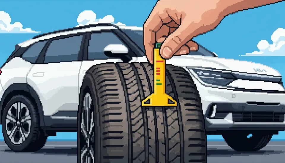 기아 EV9의 타이어 트레드 홈에 마모 측정 게이지를 대고 편마모 상태를 측정하는 클로즈업 사진, 배경으로 휠과 차체가 보임