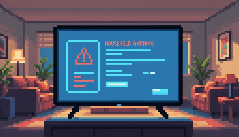 스마트 TV 화면에 넷플릭스 가구 이용 제한 경고 메시지가 표시된 거실의 모습과 리모컨을 쥔 손