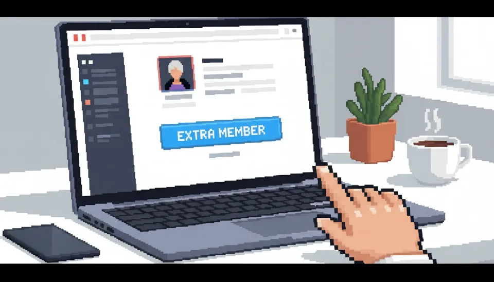 노트북 화면에 띄워진 넷플릭스 계정 설정 페이지에서 추가 회원 자리 구매 버튼을 클릭하려는 사용자의 손