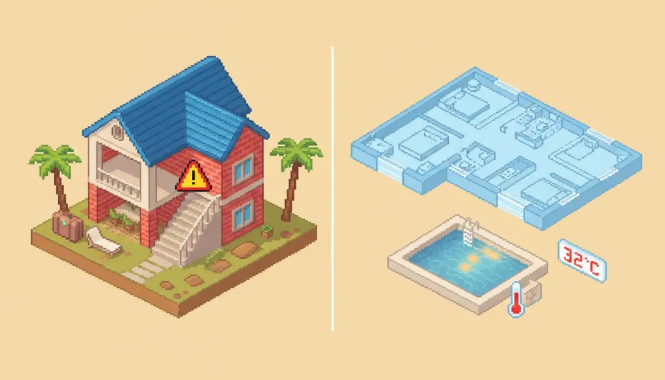 계단이 없는 단층 구조의 제주도 독채 풀빌라 평면도와 32도 온수풀의 적정 온도를 설명하는 인포그래픽 이미지