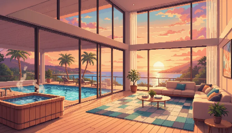 제주 애월의 노을이 보이는 통창과 턱이 없는 무장애 설계 거실, 바로 옆 실내 수영장과 히노끼탕이 배치된 럭셔리 독채 펜션 내부 전경