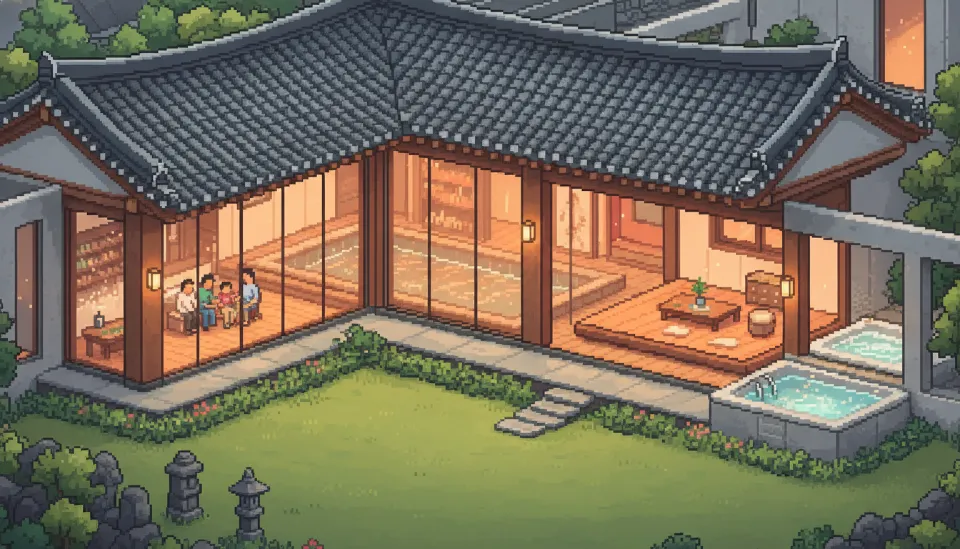 전통 기와지붕과 현대적인 유리 통창이 조화를 이루는 서귀포 한옥 독채 풀빌라의 전경과 김이 모락모락 나는 따뜻한 실내 수영장 모습