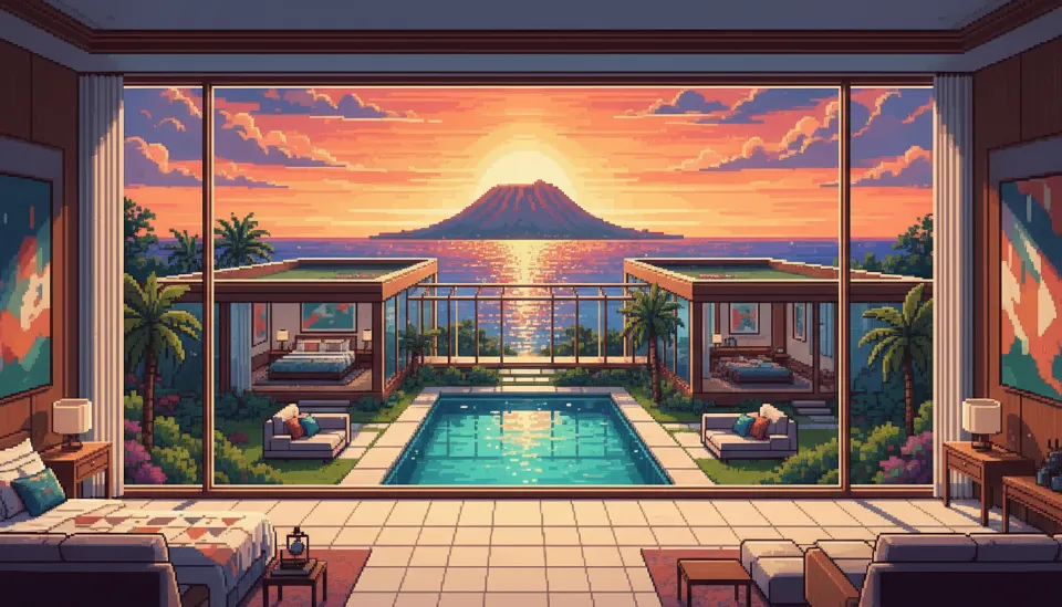 침실 창문 너머로 성산일출봉 일출이 보이고 본채와 별채가 유리 회랑으로 연결된 대형 독채 풀빌라의 구조와 중앙 수영장 전경