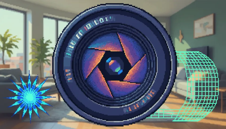 왜곡 억제력과 주변부 화질이 뛰어난 카메라 렌즈가 현대적인 아파트 인테리어를 배경으로 놓여 있는 모습