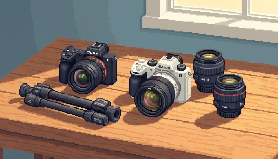 부동산 사진 촬영을 위한 소니 및 캐논 미러리스 카메라와 시그마, RF 광각 렌즈, 삼각대가 책상 위에 정리된 장비 구성 사진