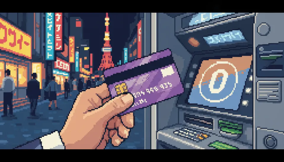 일본 도쿄의 번화가 거리를 배경으로 세븐일레븐 ATM 기기 앞에서 수수료 0원 혜택을 제공하는 트래블로그 카드를 들고 있는 여행자의 손 클로즈업