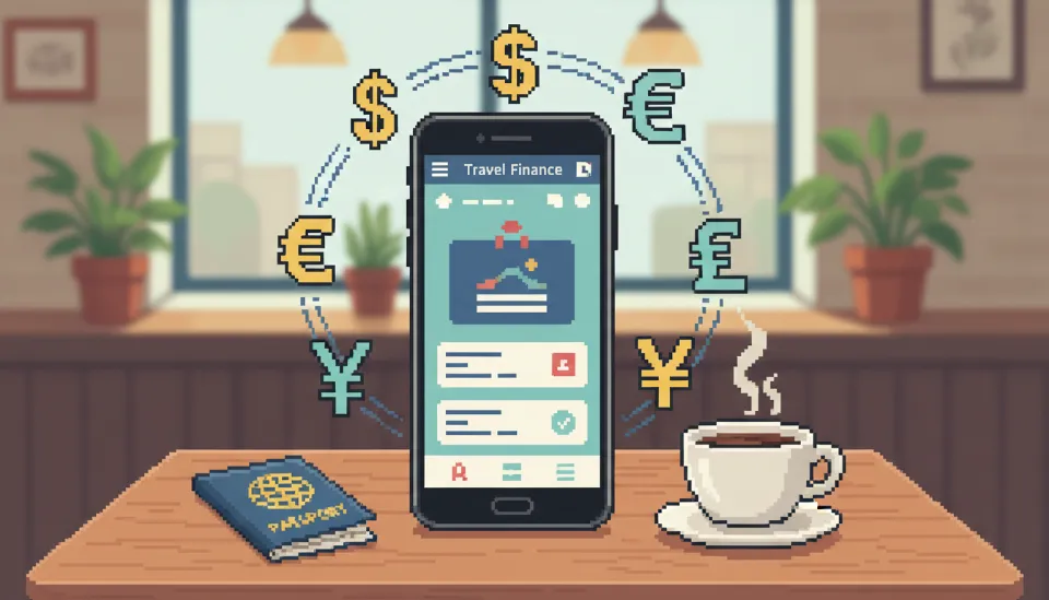 여권과 커피가 놓인 카페 테이블 위, 다양한 국가의 통화 아이콘이 떠오르는 트래블월렛 앱 실행 화면이 켜진 최신 스마트폰