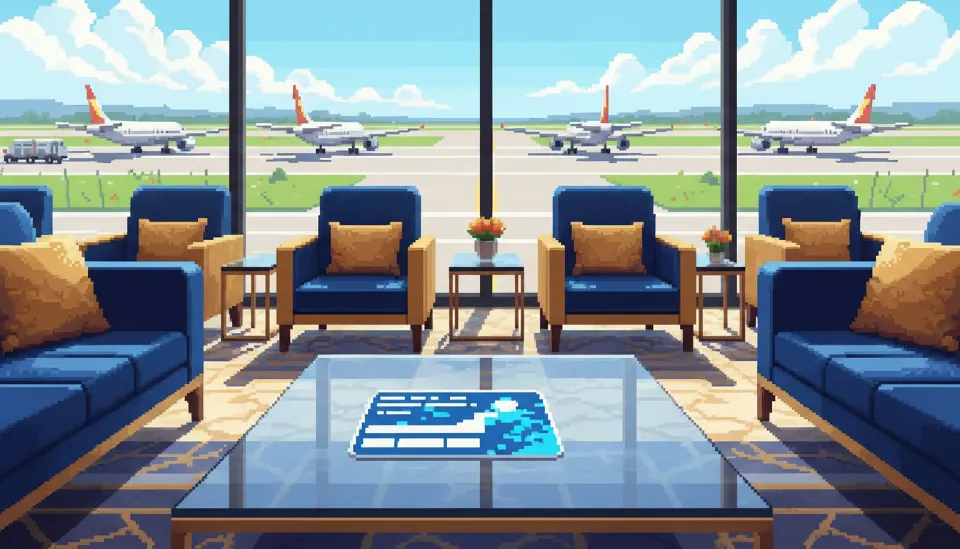 활주로의 비행기가 내려다보이는 고급스러운 공항 라운지 내부 유리 테이블 위에 놓인 신한 쏠트래블 체크카드