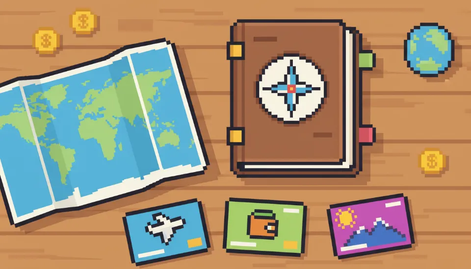 세계 지도와 여행 플래너 노트 위에 나란히 놓인 트래블로그, 트래블월렛, 쏠트래블 카드 3종을 비교하는 평면 구도 사진