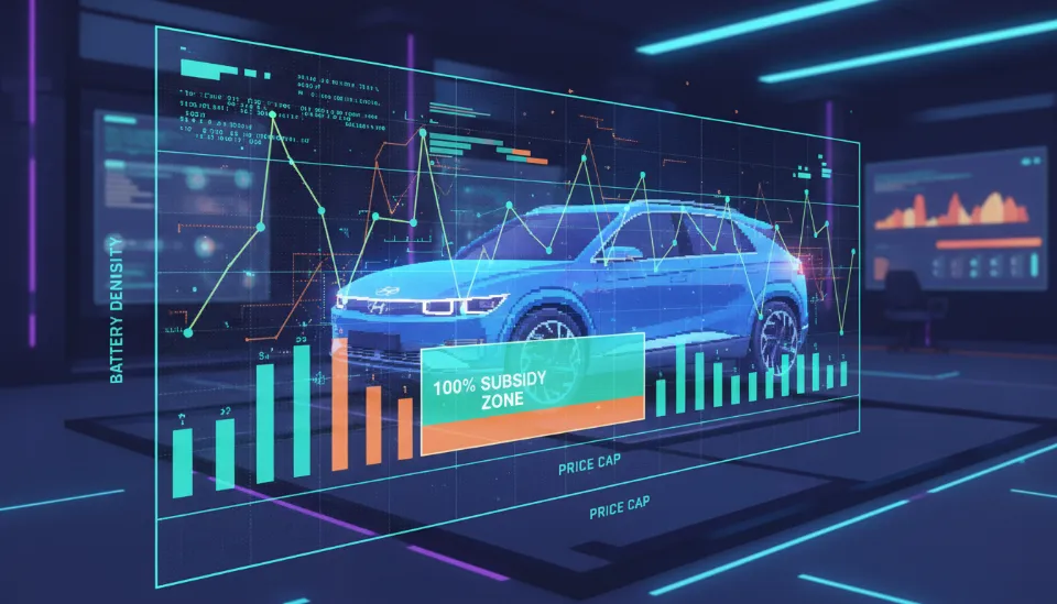 2026년 전기차 보조금 기준 그래프와 배터리 효율성을 강조하며 배경에 배치된 아이오닉 9의 전면부 홀로그램 이미지