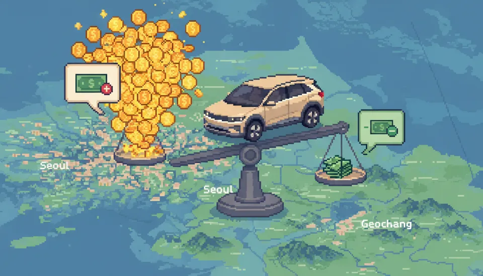 대한민국 지도 위에서 서울과 지방의 보조금 금액 차이를 시각적으로 비교하고 있는 3D 아이오닉 9과 저울 이미지