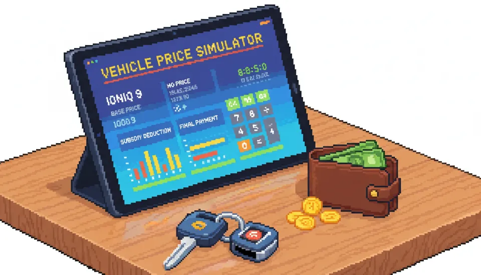 태블릿 화면에 표시된 아이오닉 9의 출고가와 보조금 차감 내역 및 최종 결제 금액이 적힌 계산기 인터페이스와 자동차 키