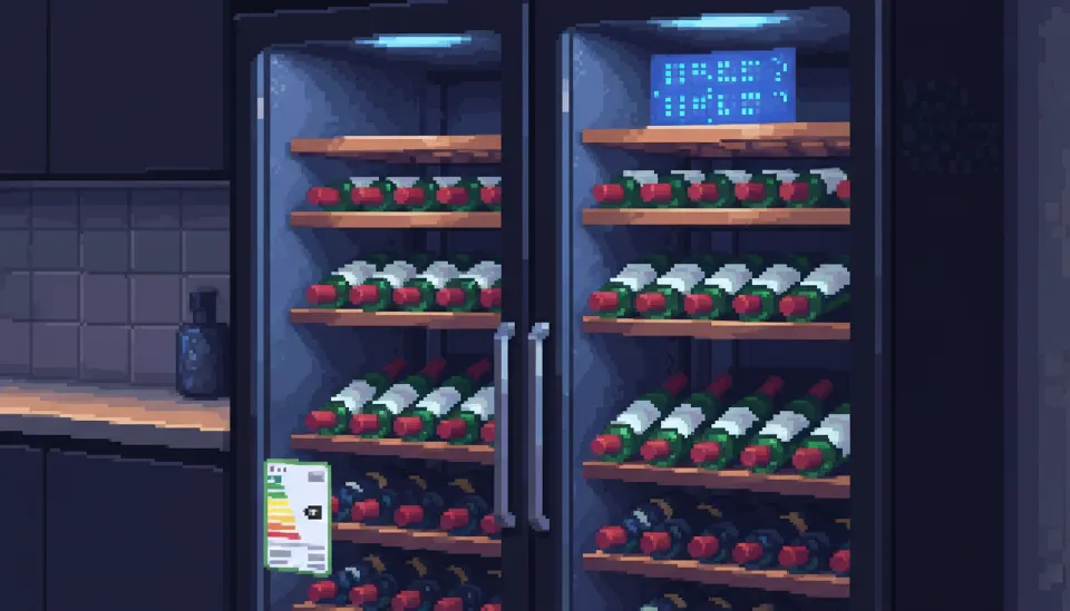 어두운 실내에서 은은한 조명을 받으며 작동 중인 100병 용량의 대형 블랙 와인셀러와 디지털 온도 표시창, 그리고 에너지 효율 등급 라벨의 모습