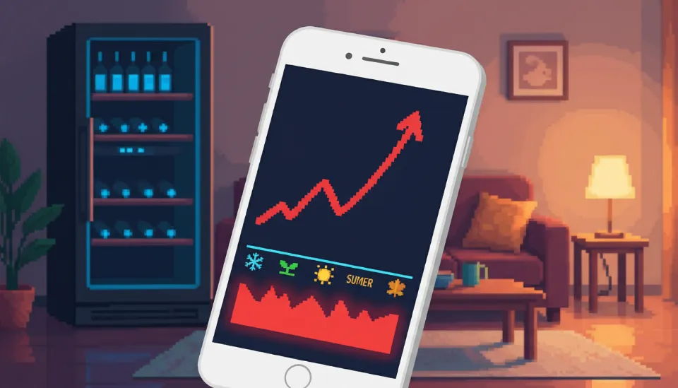스마트폰 앱 화면에 표시된 와인셀러의 월별 전력 소비량 그래프가 여름철에 급격히 상승하는 모습과 그 뒤로 흐릿하게 보이는 거실의 와인냉장고