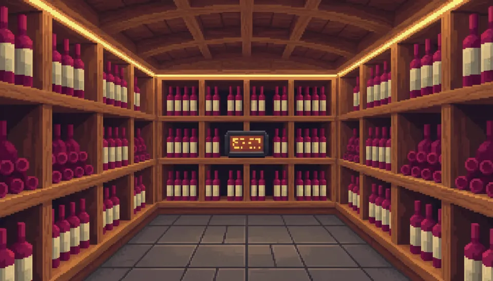 와인셀러 내부 목재 선반에 촘촘하게 적재된 와인 병들과 그 사이에 놓인 디지털 온도계가 섭씨 13도를 가리키고 있는 모습