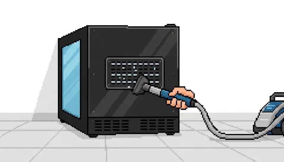 벽에서 약간 떨어져 설치된 와인셀러의 뒷면 통풍구 모습과 진공청소기로 먼지를 제거하여 공기 순환을 원활하게 만드는 관리 장면