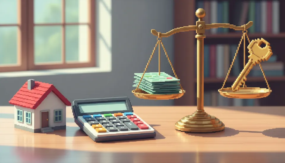 2026년 부담부증여의 유불리를 계산하기 위해 계산기와 주택 모형, 그리고 세금 서류가 놓여 있는 책상 위의 모습