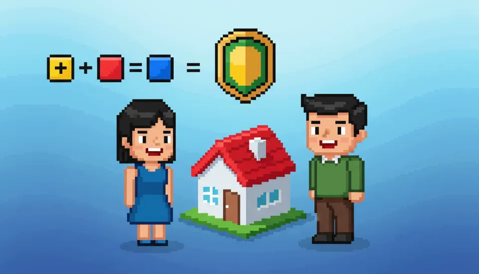 신혼부부가 집 모형 앞에서 웃고 있고 머리 위로 1억 5천만 원씩 합산되어 총 3억 원 비과세를 나타내는 인포그래픽 디자인