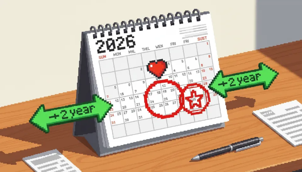 2026년 달력의 혼인 신고일 날짜에 빨간 동그라미가 쳐져 있고 전후 2년의 화살표가 녹색으로 표시된 유효 기간 설명 이미지