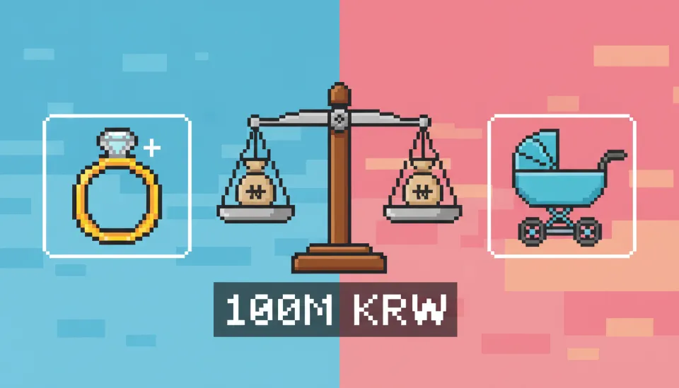 왼쪽에는 결혼 반지 오른쪽에는 유모차 아이콘이 있고 중앙의 천칭 저울이 두 공제의 한도가 통합 1억 원임을 보여주는 일러스트