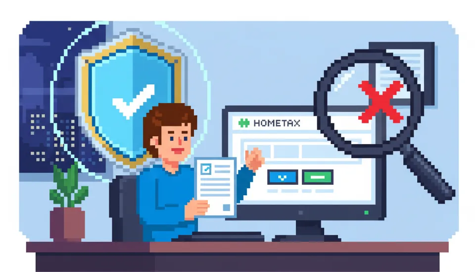 홈택스 화면을 보며 자금 출처 소명 서류를 들고 있는 사람과 세무 조사를 막아주는 방패 아이콘이 그려진 이미지