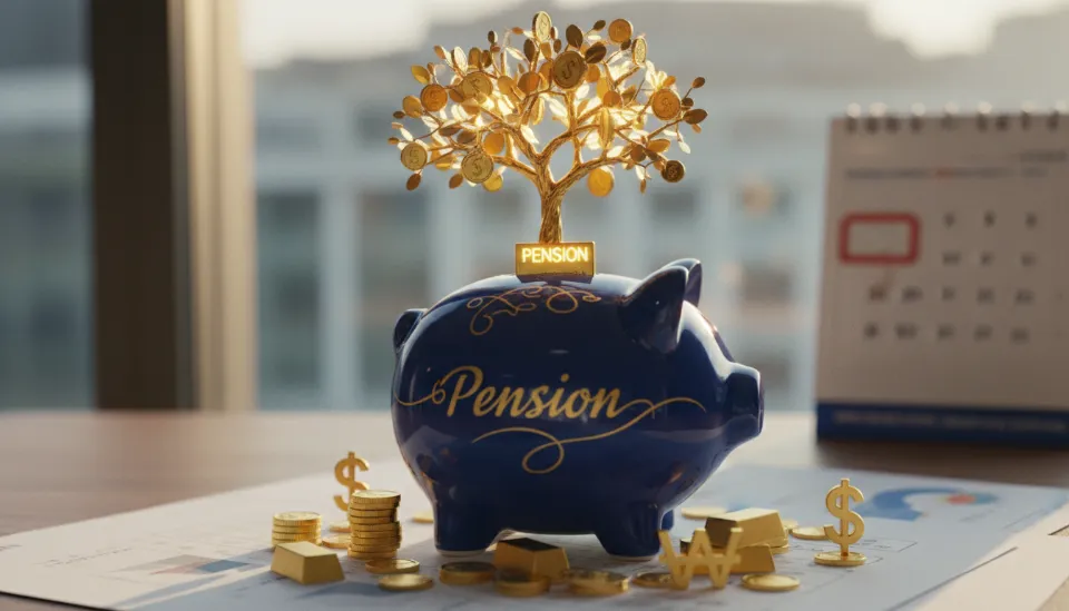 황금빛 동전 나무가 연금저축 돼지 저금통에서 자라나는 모습, ISA 만기 자금 전환을 통한 세액공제 혜택과 자산 증식의 시각적 비유