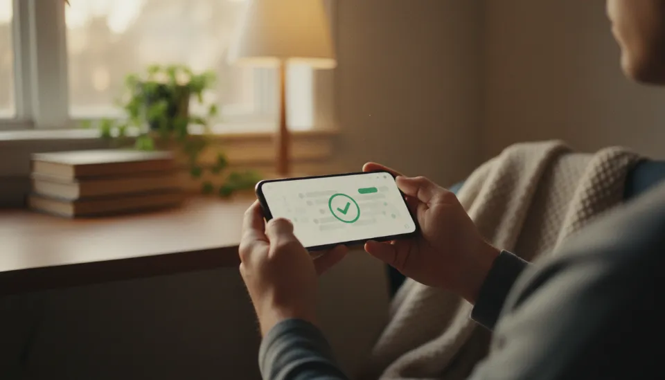 스마트폰 뱅킹 앱에서 ISA 자금 연금 전환 성공 메시지를 확인하는 사용자의 손, 간편한 모바일 신청 절차 묘사