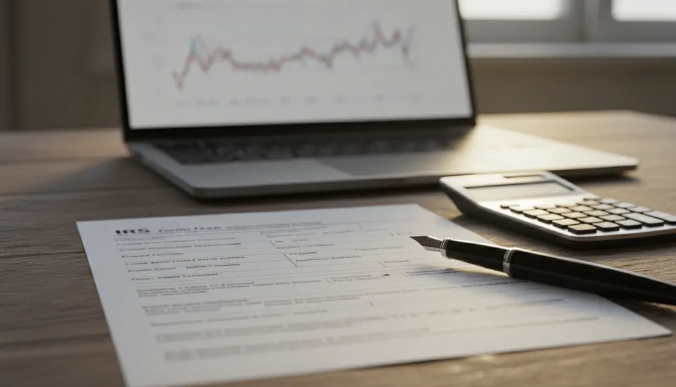 책상 위에 놓인 미국 비거주자용 상속세 신고서 Form 706-NA 양식과 계산기, 만년필이 놓인 전문적인 서류 작업 환경