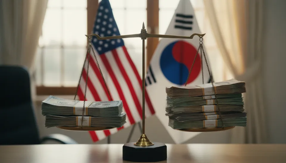 미국 달러와 한국 원화가 양팔 저울에 올려져 한미 이중과세 방지 협정과 세액 공제 균형을 상징하는 인포그래픽 이미지