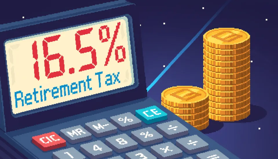 IRP 계좌 해지 시 자금 출처별로 다르게 적용되는 16.5% 기타소득세와 퇴직소득세 세율이 표시된 계산기와 한국 동전 더미 이미지
