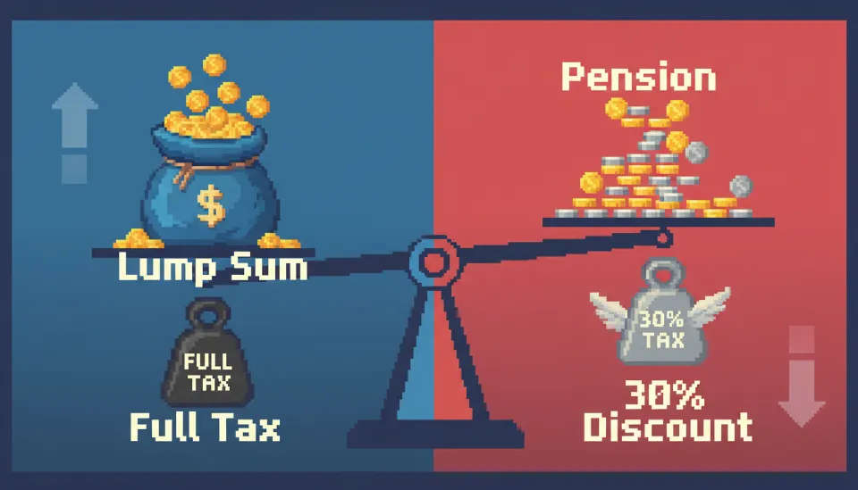 일시금 수령 시 부과되는 전액 세금과 연금 수령 시 적용되는 30% 세금 감면 혜택을 비교한 저울 인포그래픽 이미지