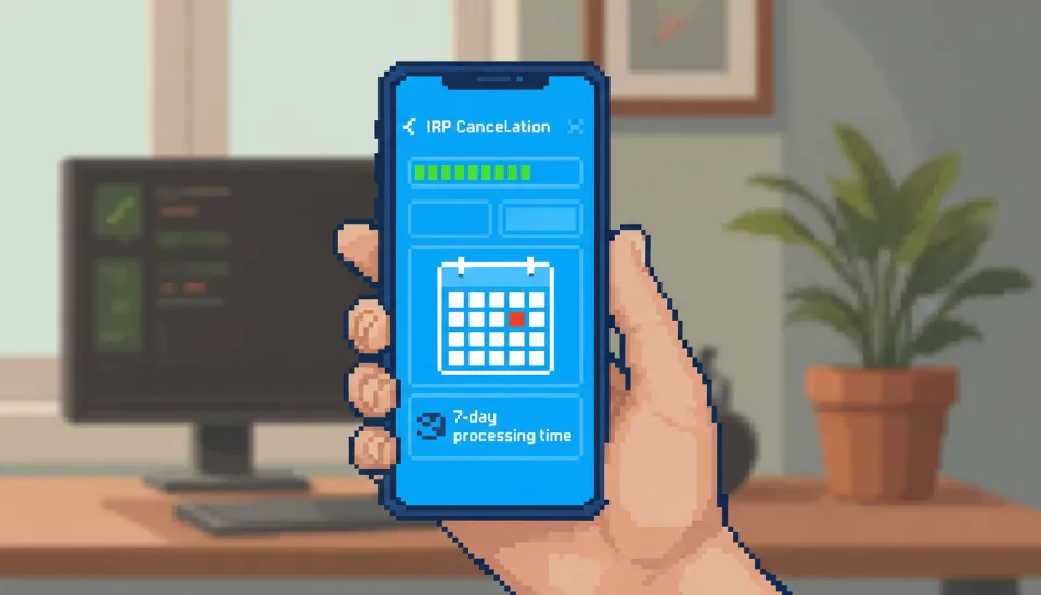 스마트폰 뱅킹 앱을 통해 IRP 해지를 신청하는 화면과 펀드 매도에 따른 7일 소요 기간이 표시된 캘린더 팝업 이미지